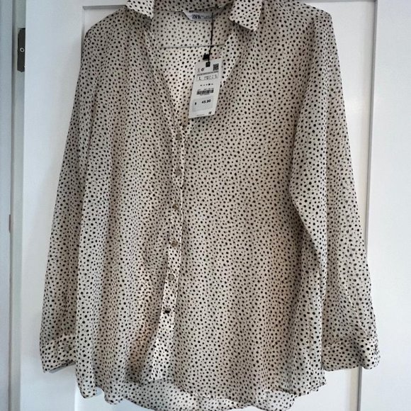 Zara, NWT,  Blouse, sheer with black dots and gold thread and buttons Cream - Picture 1 of 3